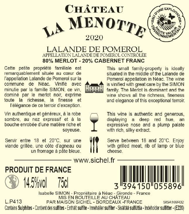 Château La Menotte AOC Lalande de Pomerol Rouge 2020