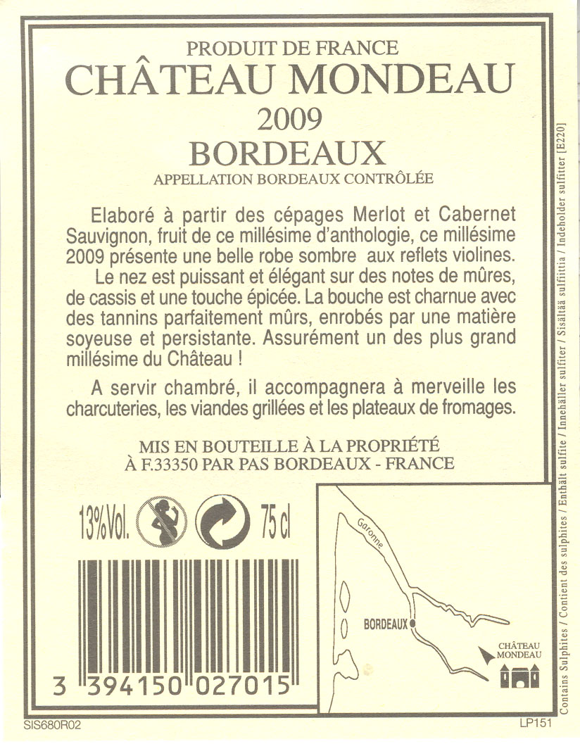 Château Mondeau AOC BORDEAUX ROUGE Tinto sm