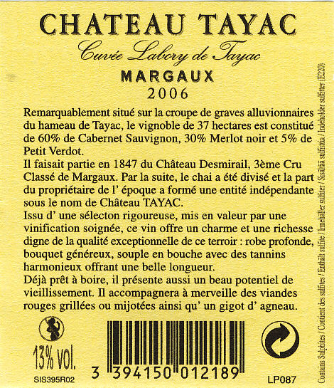 Château Tayac Cuvée Labory de Tayac AOC Margaux Rouge 2006