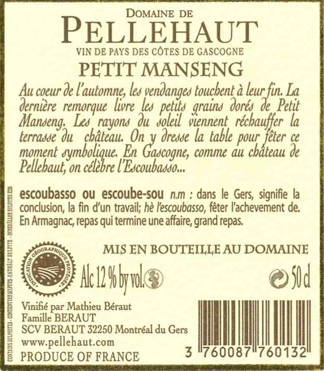 도멘 드 펠로 레스쿠바소 Domaine de Pellehaut L'Escoubasso IGP 코트 드 가스코뉴 Côtes de Gascogne 스위트 화이트 Sweet white 2010