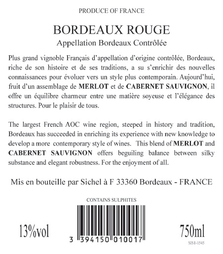 Bordeaux Sichel ボルドー・シシェル AOC ボルドー 赤ワイン Red 2010