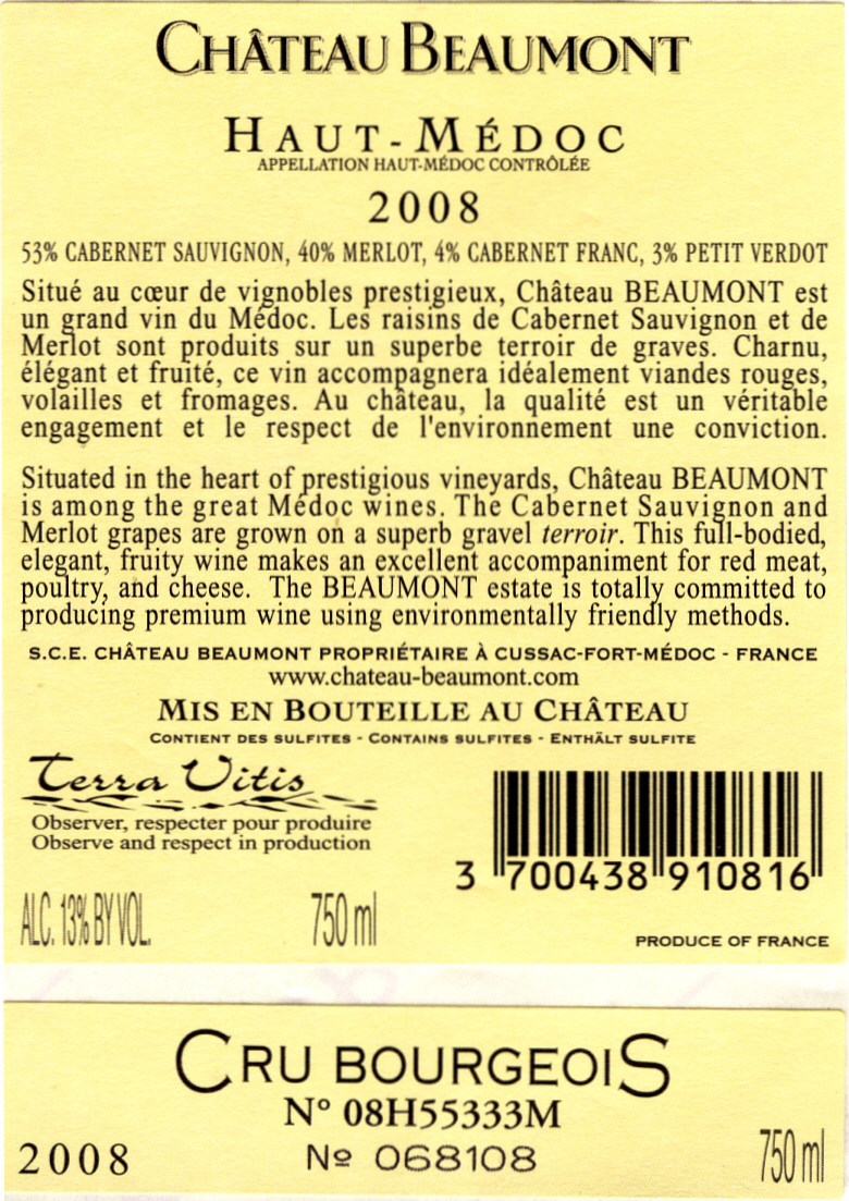 샤토 보몽 Château Beaumont AOC 오 -메도크 Haut- Médoc 레드 Red 2008