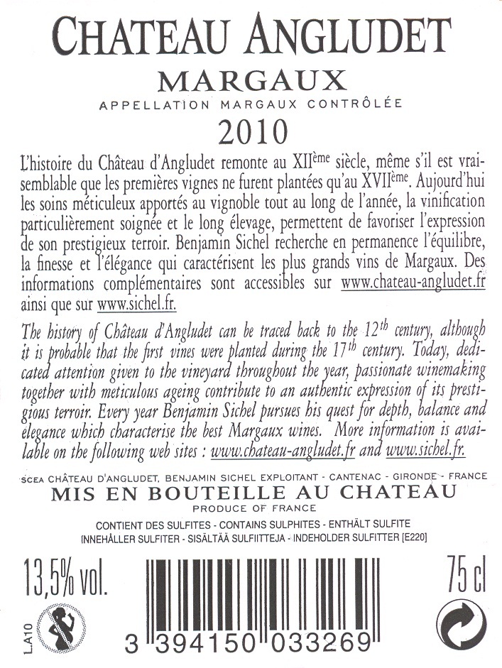 Château Angludet AOC Margaux Rouge 2010