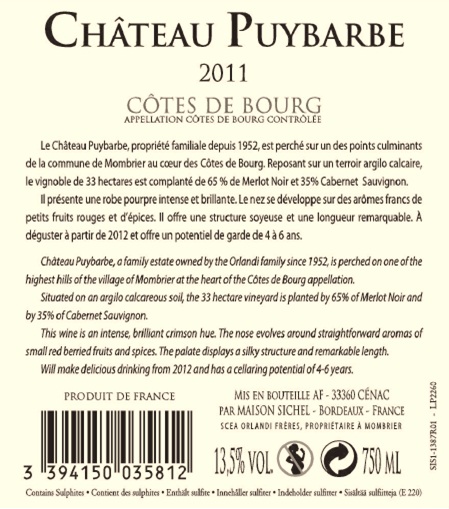 샤토 퓌이바르브 Château Puybarbe AOC 코트 드 부르Côtes de Bourg 레드 Red 2011