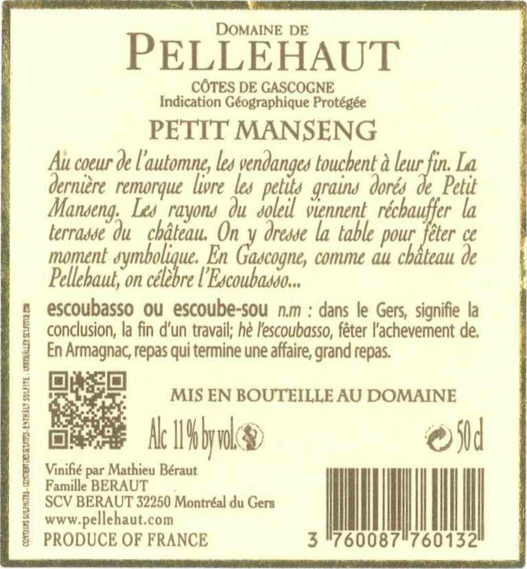 도멘 드 펠로 레스쿠바소 Domaine de Pellehaut L'Escoubasso IGP 코트 드 가스코뉴 Côtes de Gascogne 스위트 화이트 Sweet white 2011