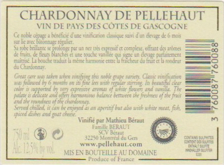 Domaine de Pellehaut Chardonnay  IGP Vin de Pays des Côtes de Gascogne Branco sm