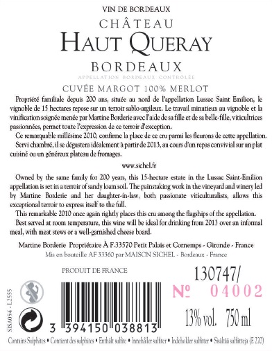 샤토 오 케레 -퀘베 마르고 Château Haut Queray - Cuvée Margot AOC 보르도 Bordeaux  레드 Red 2010