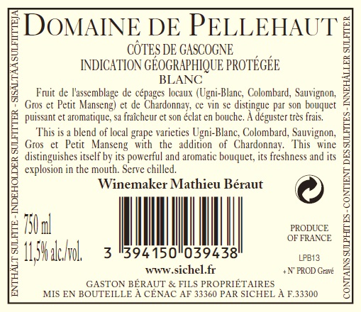 도멘 드 펠로 하모니  드 가스꼬뉴Domaine de Pellehaut Harmonie de Gascogne IGP 코트 드 가스코뉴 Côtes de Gascogne 화이트 White 2013