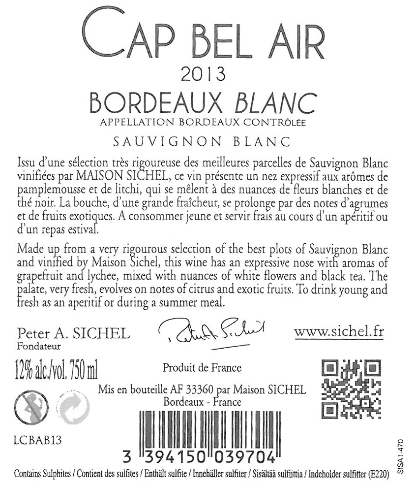 Cap Bel Air AOC Bordeaux White 2013