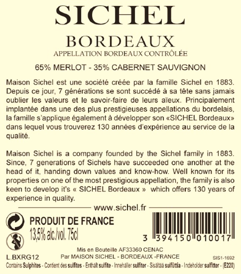BORDEAUX SICHEL（西塞世家波尔多） AOC 波尔多（Bordeaux） 红葡萄酒- red 2012
