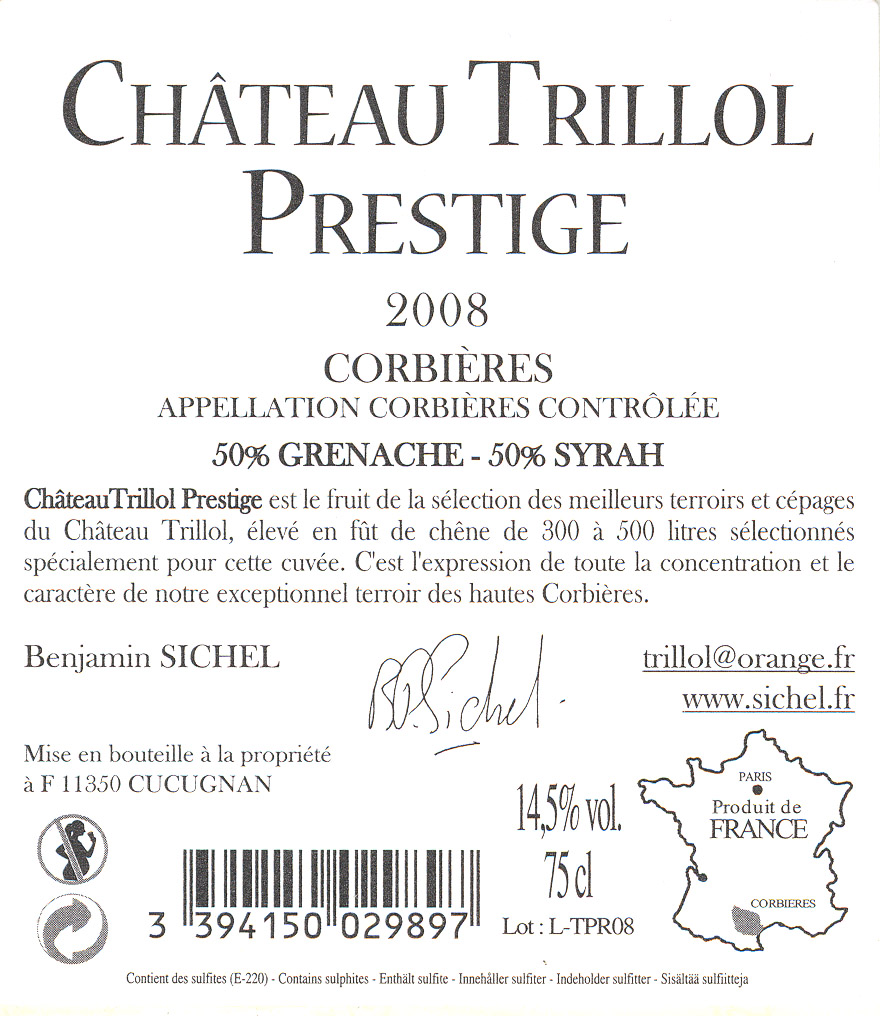 샤토 트리올 프레스티주Château Trillol Prestige AOC 코르비에르 Corbières 레드 Red 2008