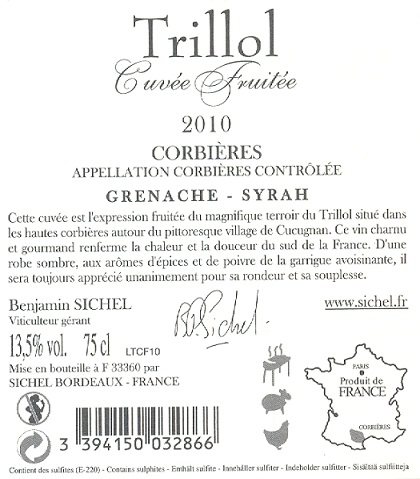트리올 후리테 Trillol Fruité AOC 코르비에르 Corbières 레드 Rouge 2010