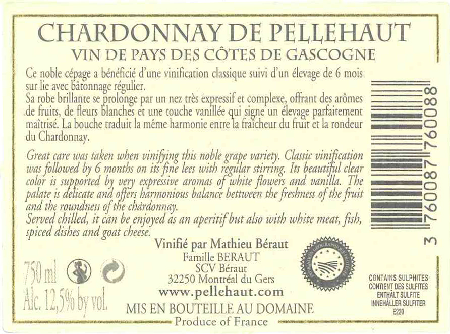 도멘 드 펠로 샤르도네 후르츠 Domaine de Pellehaut Chardonnay Fruit IGP 코트 드 가스코뉴 Côtes de Gascogne 화이트 White 2011