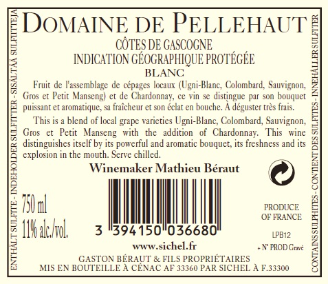 도멘 드 펠로 하모니  드 가스꼬뉴Domaine de Pellehaut Harmonie de Gascogne IGP 코트 드 가스코뉴 Côtes de Gascogne 화이트 White 2012