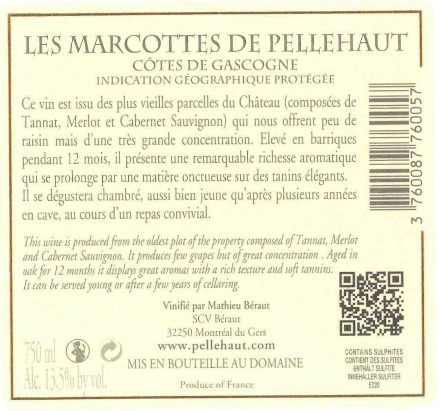 도멘 드 펠로 레 마르코트Domaine de Pellehaut Les Marcottes IGP 코트 드 가스코뉴 Côtes de Gascogne 레드 Red 2011