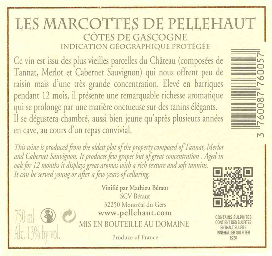 도멘 드 펠로 레 마르코트Domaine de Pellehaut Les Marcottes IGP 코트 드 가스코뉴 Côtes de Gascogne 레드 Red 2010