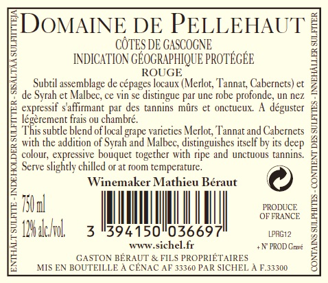 도멘 드 펠로 드 하모니 드 가스꼬뉴Domaine de Pellehaut Harmonie de Gascogne IGP 코트 드 가스코뉴 Côtes de Gascogne 레드 Red 2012