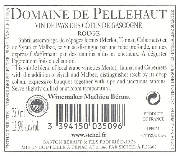 도멘 드 펠로 드 하모니 드 가스꼬뉴Domaine de Pellehaut Harmonie de Gascogne IGP 코트 드 가스코뉴 Côtes de Gascogne 레드 Red 2011