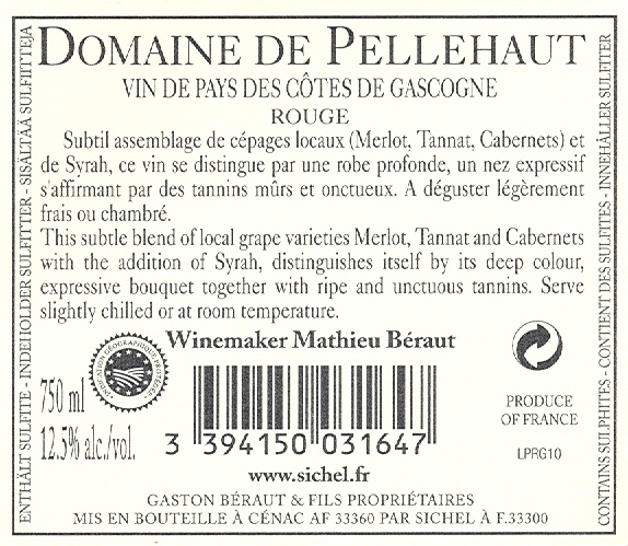 도멘 드 펠로 드 하모니 드 가스꼬뉴Domaine de Pellehaut Harmonie de Gascogne IGP 코트 드 가스코뉴 Côtes de Gascogne 레드 Red 2010