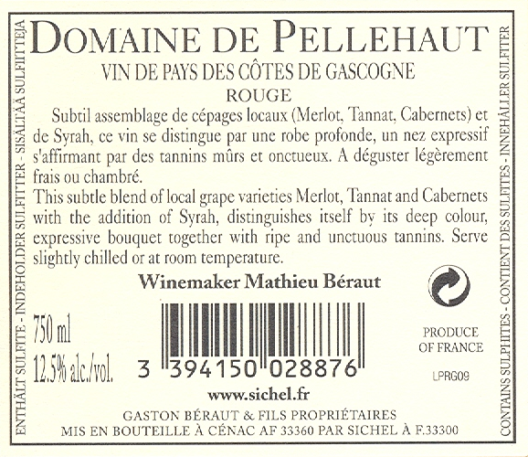 도멘 드 펠로 드 하모니 드 가스꼬뉴Domaine de Pellehaut Harmonie de Gascogne IGP 코트 드 가스코뉴 Côtes de Gascogne 레드 Red 2009