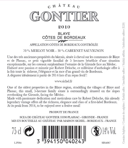 Château Gontier AOC Blaye - Côtes de Bordeaux Red 2010