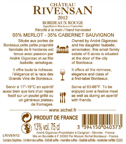 Château Rivensan(瑞文赞酒庄） AOC 波尔多（Bordeaux） 红葡萄-Red 2012