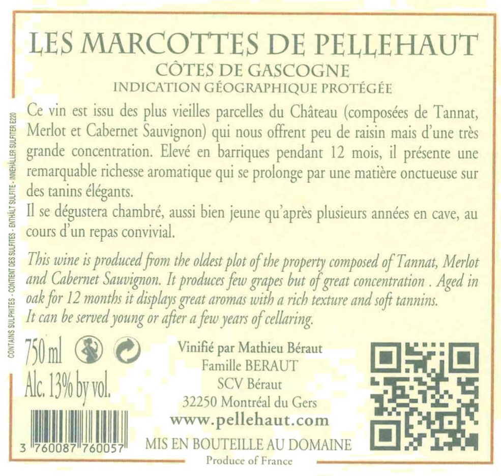 Domaine de Pellehaut Les Marcottes ドメーヌ・ド・ペルオー・レ・マルコット IGP コート・ド・ガスコーニュ 赤ワイン Red 2012