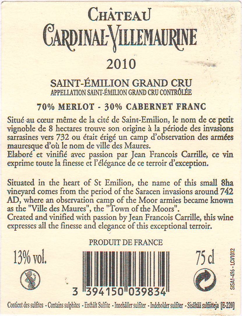 Chateau Cardinal-Villemaurine（摩尔城红雀酒庄） AOC 圣埃米利永特级（Saint-Emilion Grand Cru） 红葡萄酒 2010