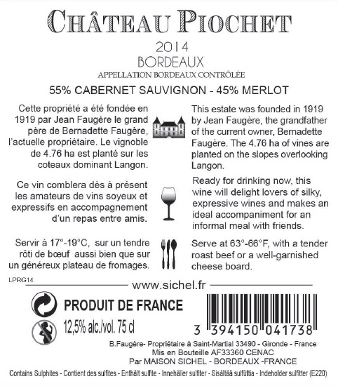 Château Piochet（皮尔谢酒庄） AOC 波尔多（Bordeaux） 红葡萄酒 2014