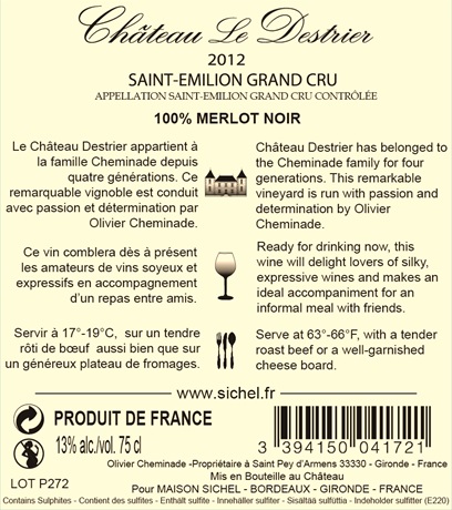Château Le Destrier - Cuvée Prestige AOC Saint-Emilion Grand Cru Rouge 2012