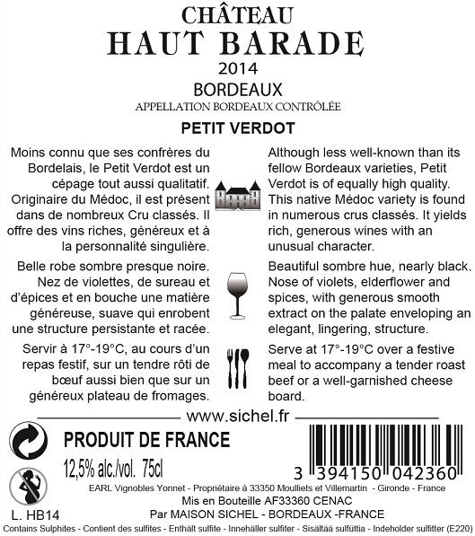 Château Haut Barade AOC Bordeaux Rouge 2014
