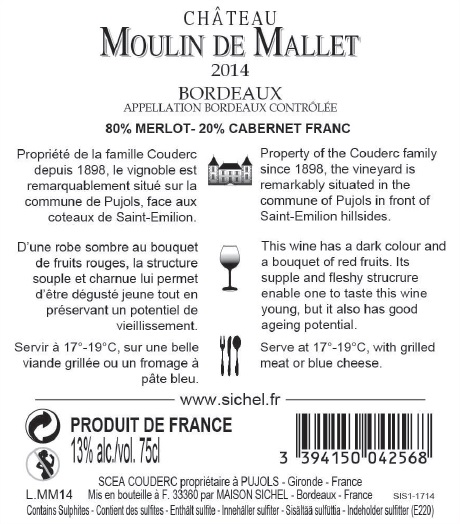 Chateau Moulin de Mallet（木兰玛莱酒庄） AOC 波尔多（Bordeaux） 红葡萄酒 2014