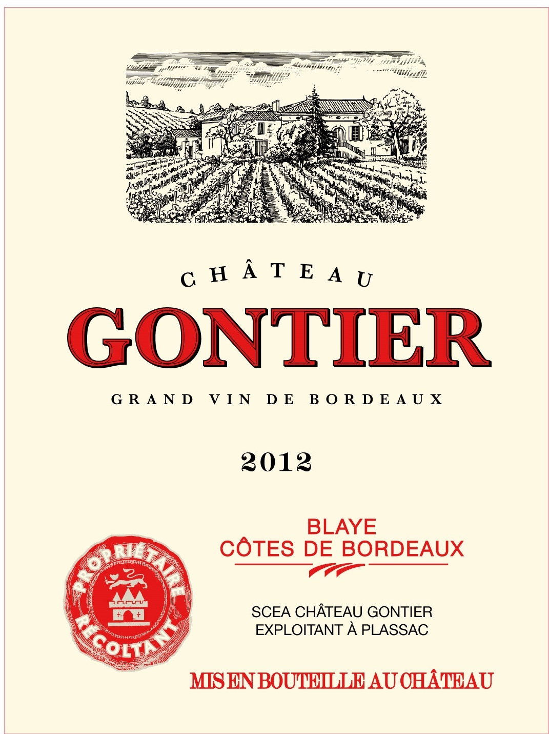 Château Gontier（贡捷酒庄） AOC 布拉伊-波尔多山坡（Blaye - Cotes de Bordeaux） 红葡萄酒 2012