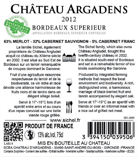Château Argadens（阿戈登斯酒庄） AOC 超级波尔多（Bordeaux Supérieur） 红葡萄酒 - red 2012