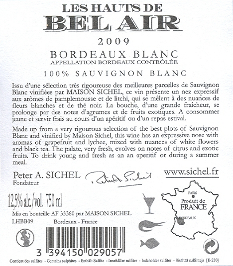 Les Hauts de Bel Air AOC Bordeaux  Branco sm