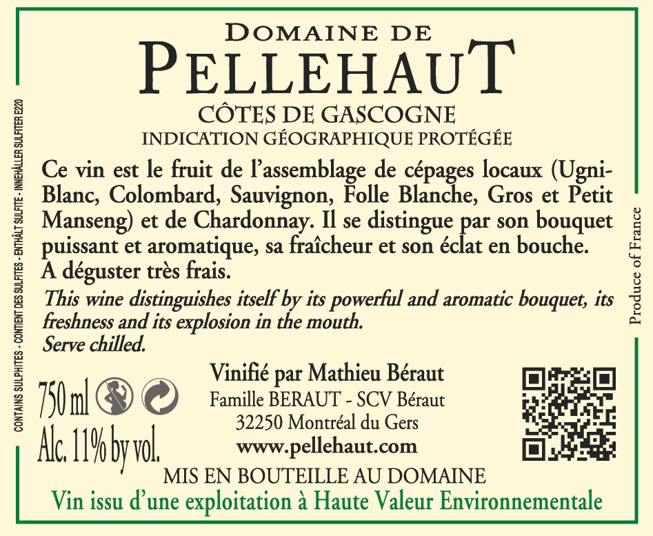 Domaine de Pellehaut Harmonie de Gascogne White ドメーヌ・ド・ペルオー・ハーモニー・ド・ガスコーニュ IGP コート・ド・ガスコーニュ 白ワイン White 2015