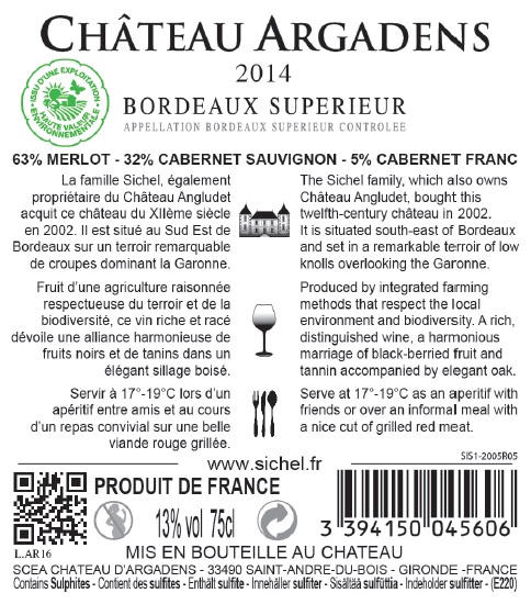 Château Argadens（阿戈登斯酒庄） AOC 超级波尔多（Bordeaux Supérieur） 红葡萄酒 - red 2014