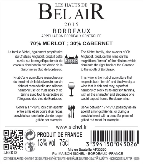 Les Hauts de Bel Air（上贝雅） AOC 波尔多（Bordeaux） 红葡萄酒 - red 2015