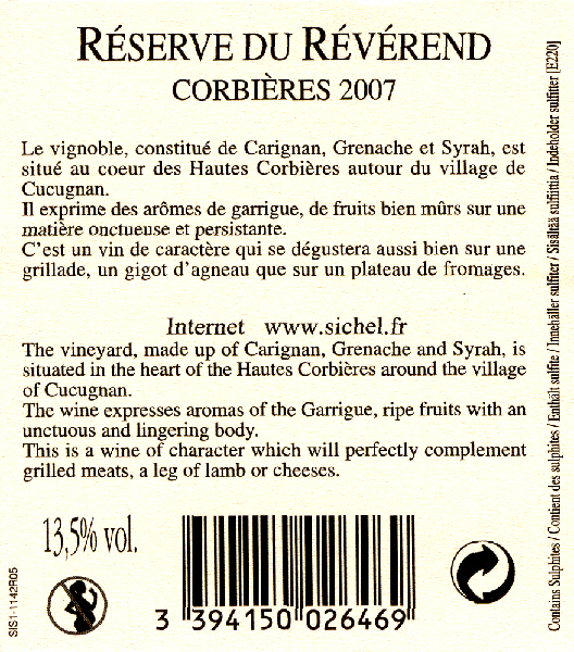 Réserve du Révérend AOC Corbières Rot 2007