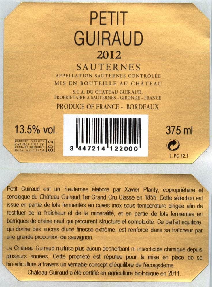 Petit Guiraud AOC Sauternes Sweet White 2012