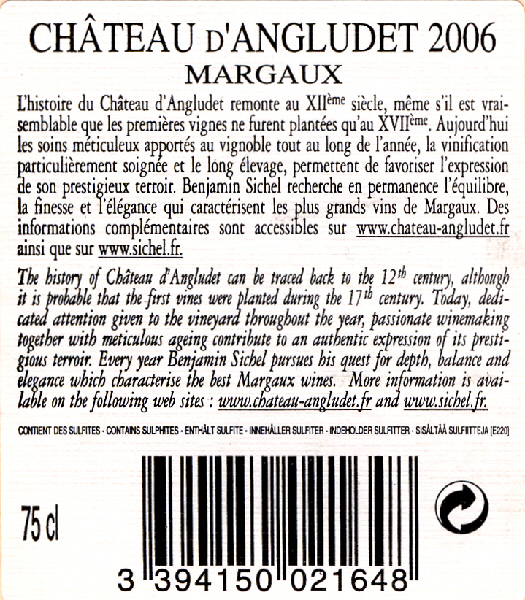 Château Angludet (d') AOC Margaux Rouge 2006