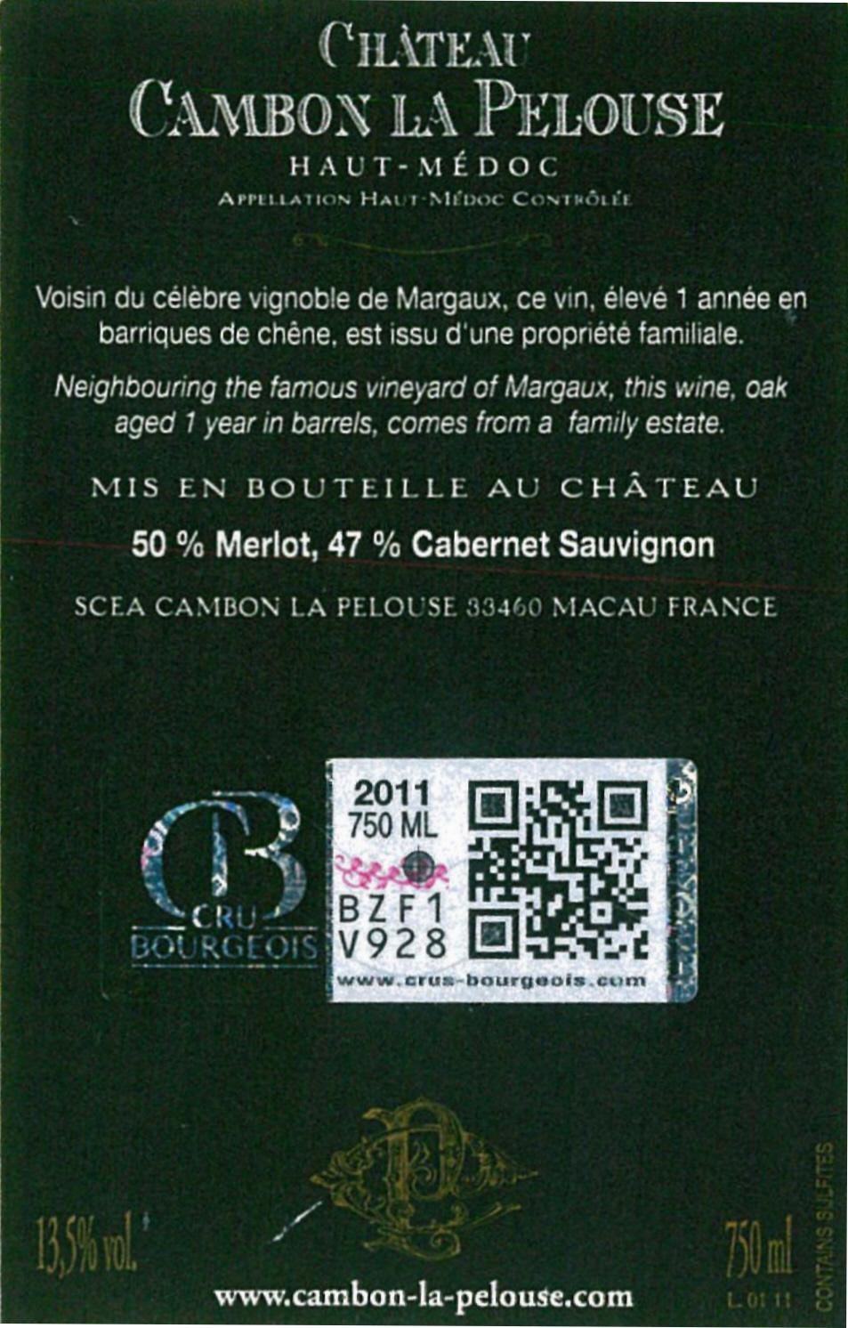 Château Cambon la Pelouse（坎波拉佩罗斯堡酒庄） AOC 上梅多克（Haut-Médoc） 红葡萄酒 2011