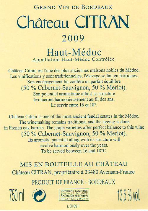Château Citran AOC Haut-Médoc Red 2009