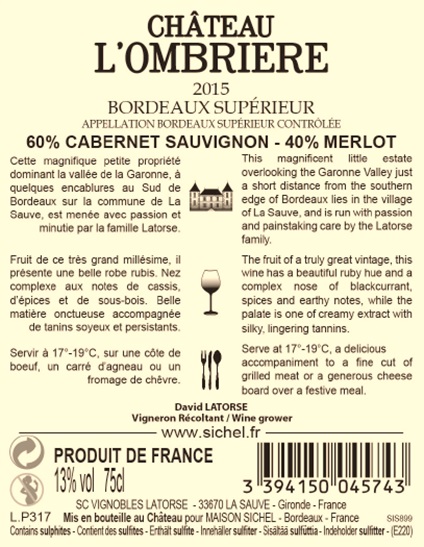 Château Ombrière (l') - 欧伯赫酒庄 AOC 超级波尔多干红 (Bordeaux Supérieur) Red 2015