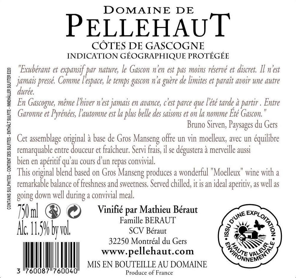Domaine de Pellehaut L'Ete Gascon （伯乐奥酒庄加斯科涅之夏） IGP 加斯科涅地区餐酒（IGP Cotes de Gascogne） 甜白葡萄酒 2016