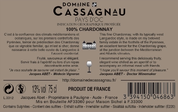 Domaine de Cassagnau Chardonnay（卡索诺酒庄霞多丽） IGP 奥克地区餐酒（Pays d'Oc） 白葡萄酒 - white 2016