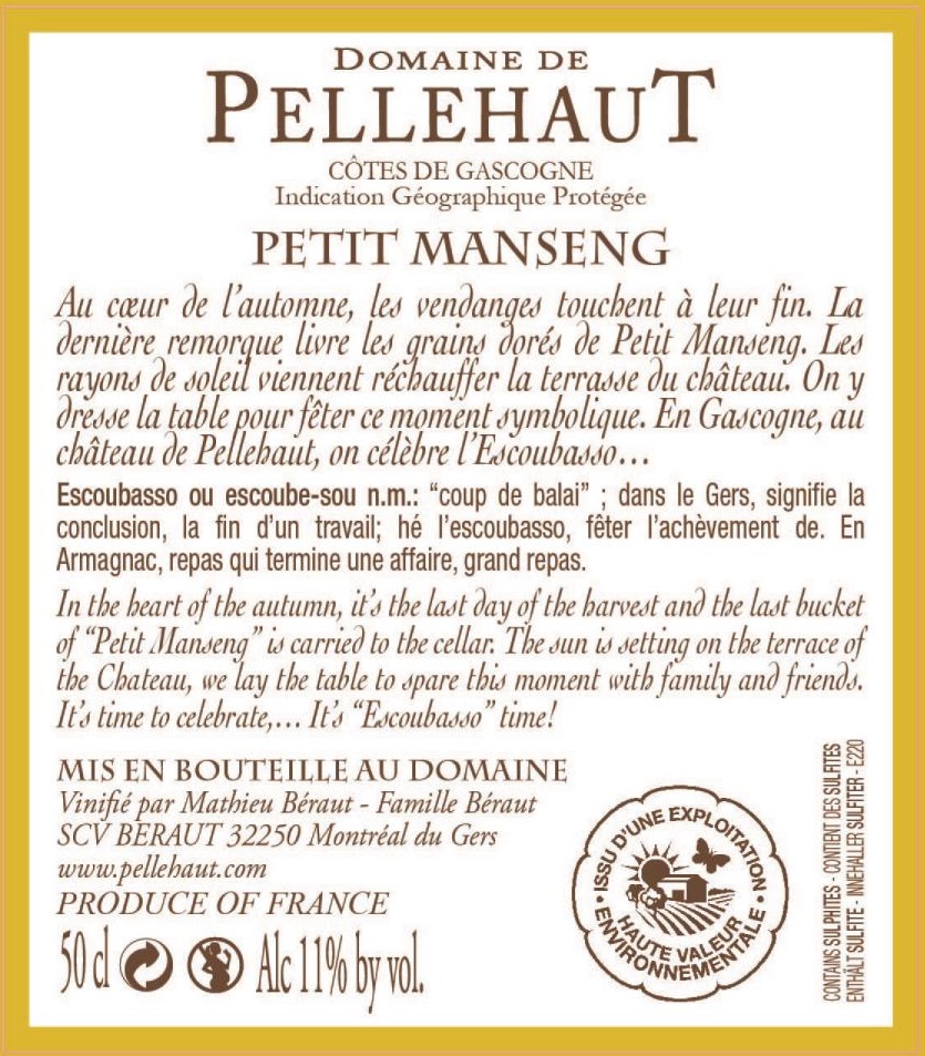 Domaine de Pellehaut L'Escoubasso ドメーヌ・ド・ペルオー　レスクーバッソ IGP コート・ド・ガスコーニュ 甘口白ワイン Sweet White 2015