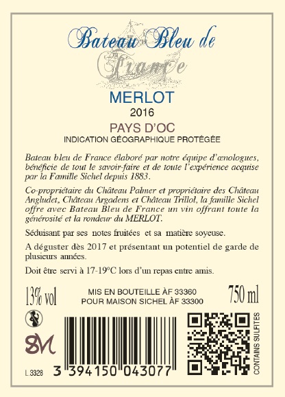 Bateau Bleu de France - Merlot （法国蓝船 - 梅洛） IGP 奥克地区餐酒（Pays d'Oc） 红葡萄酒 2016