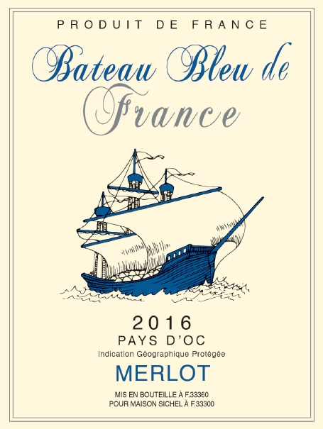 Bateau Bleu de France - Merlot （法国蓝船 - 梅洛） IGP 奥克地区餐酒（Pays d'Oc） 红葡萄酒 2016