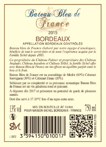 Bateau Bleu de France（法国蓝船） - 波尔多 AOC 波尔多（Bordeaux） 红葡萄酒 2015